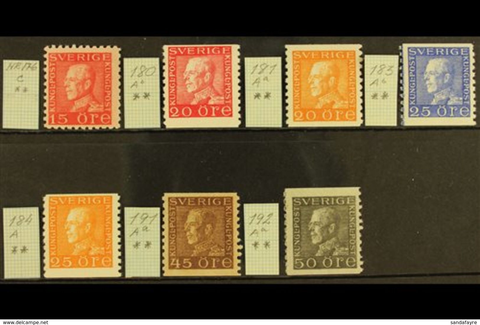 1921-36  King Gustaf V Fine Never Hinged Mint All Different Group, Comprising 1921-36 15o Red Perf 9¾ Type I And Imperf  - Other & Unclassified