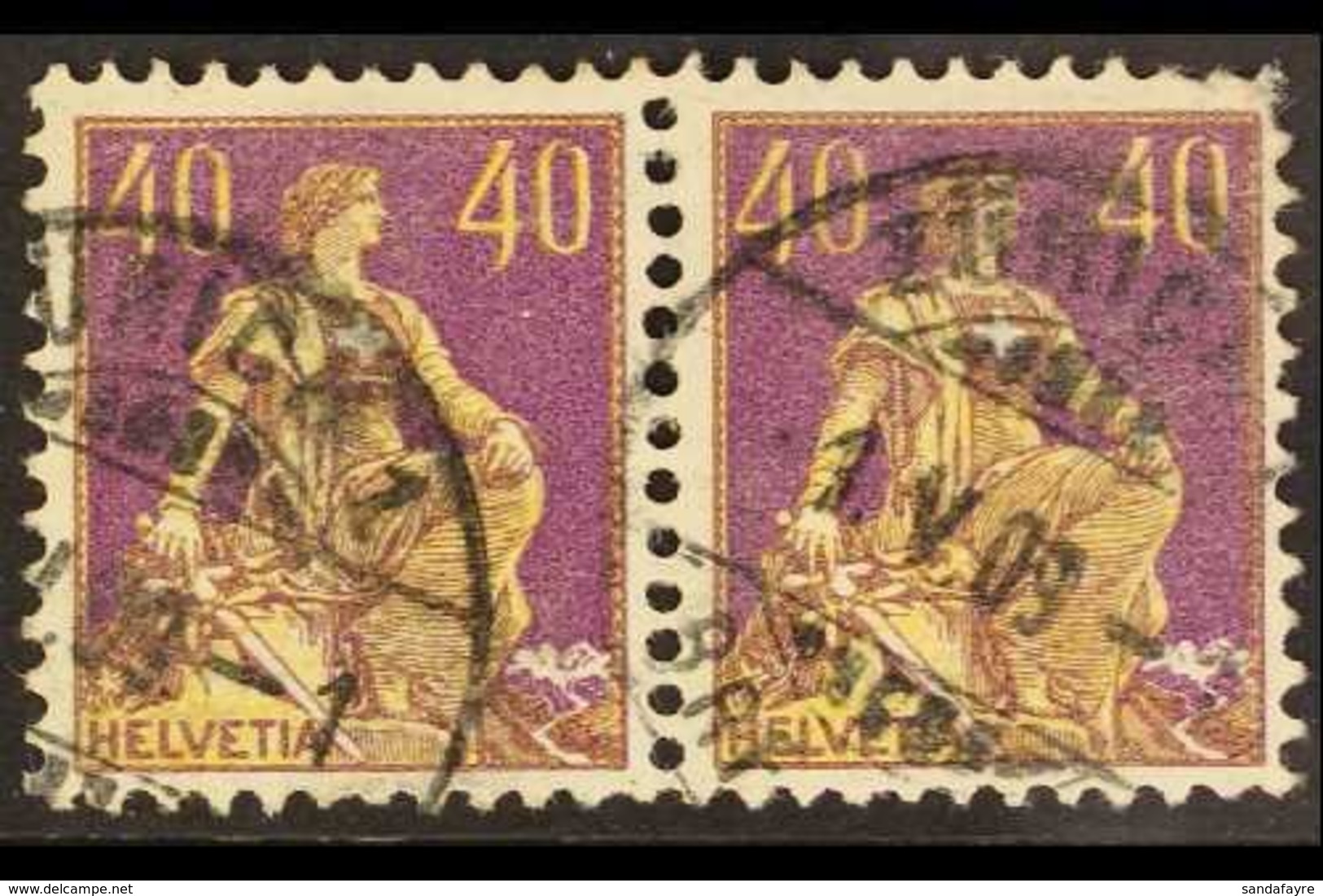 1908  40c Orange-yellow And Purple "Sitting Helvetia" (type I) With Designers Name In Full On Rock, SG 231 Or Michel 101 - Other & Unclassified