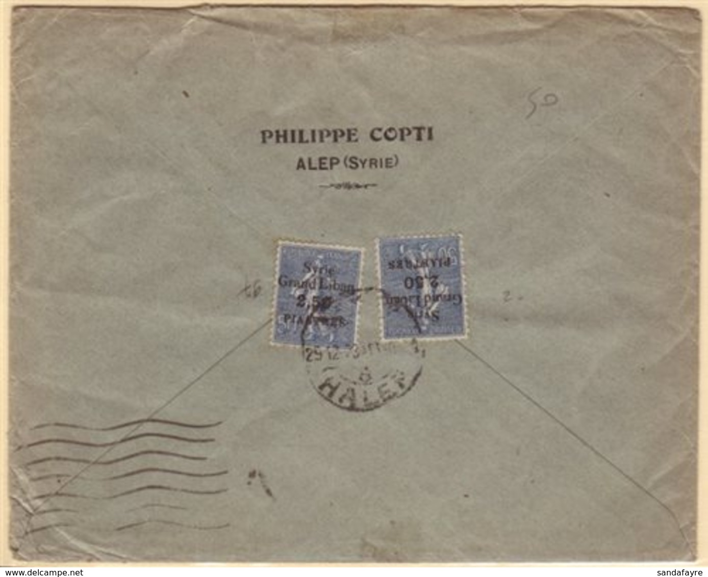 1923  Commercial Cover To France, Franked Two 1923 2.50pi On 50c "Syrie Grand Liban" Overprints, SG 105, HALEP C.d.s. Ca - Syria