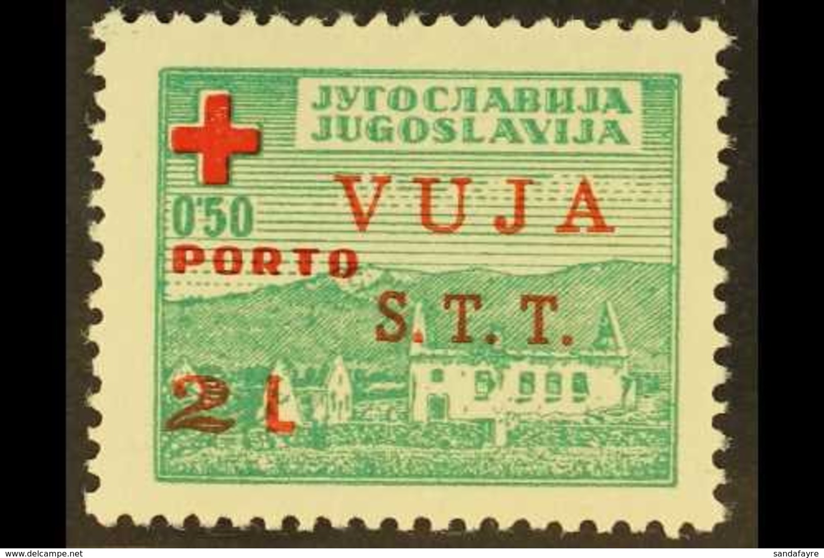 ZONE B  POSTAGE DUE 1948 2l On 50p Green And Red, Red Cross, SG BD4, Superb Never Hinged Mint. Signed. Scarce Stamp. For - Other & Unclassified