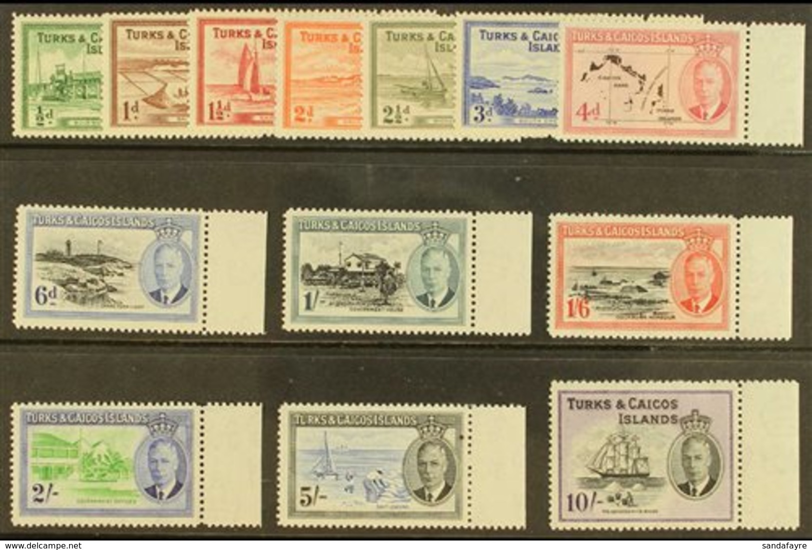 1950  KGVI Definitives Complete Set, SG 221/33, Very Fine Never Hinged Mint Marginal Examples. (13 Stamps) For More Imag - Turks And Caicos