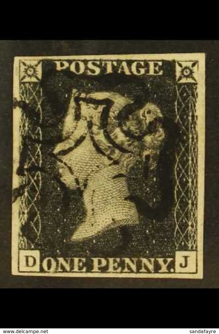 1840  1d Black 'DJ' Plate 7 With The "O" Flaw, SG 2, Used With 4 Margins & Black MC Cancellation. A Very Pretty Stamp. F - Unclassified