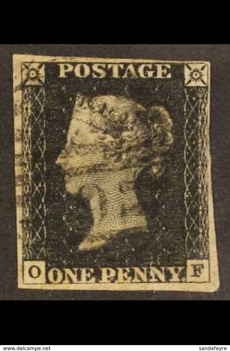 LATE USE.  1840 1d Black 'OF' Plate 1b, SG 2, 4 Margins, Used With NORTH WESTERN LONDON "9" NUMERAL Of Kentish Town (iss - Unclassified