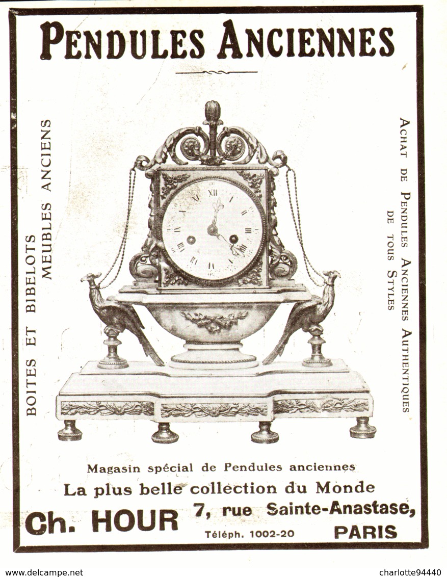 PUB PENDULES ANCIENNES   " CH. HOUR  "   1913  ( 5 ) - Relojes