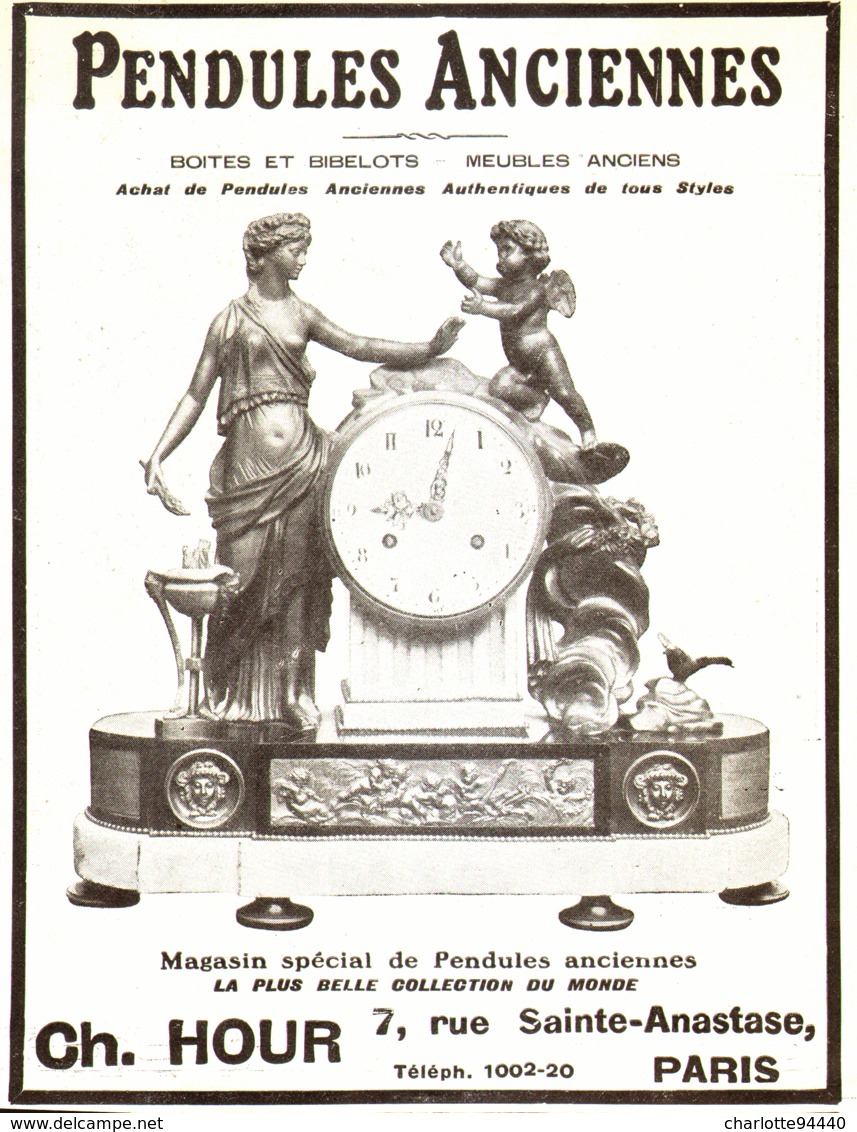 PUB PENDULES ANCIENNES   " CH. HOUR  "   1913  ( 6 ) - Horloges