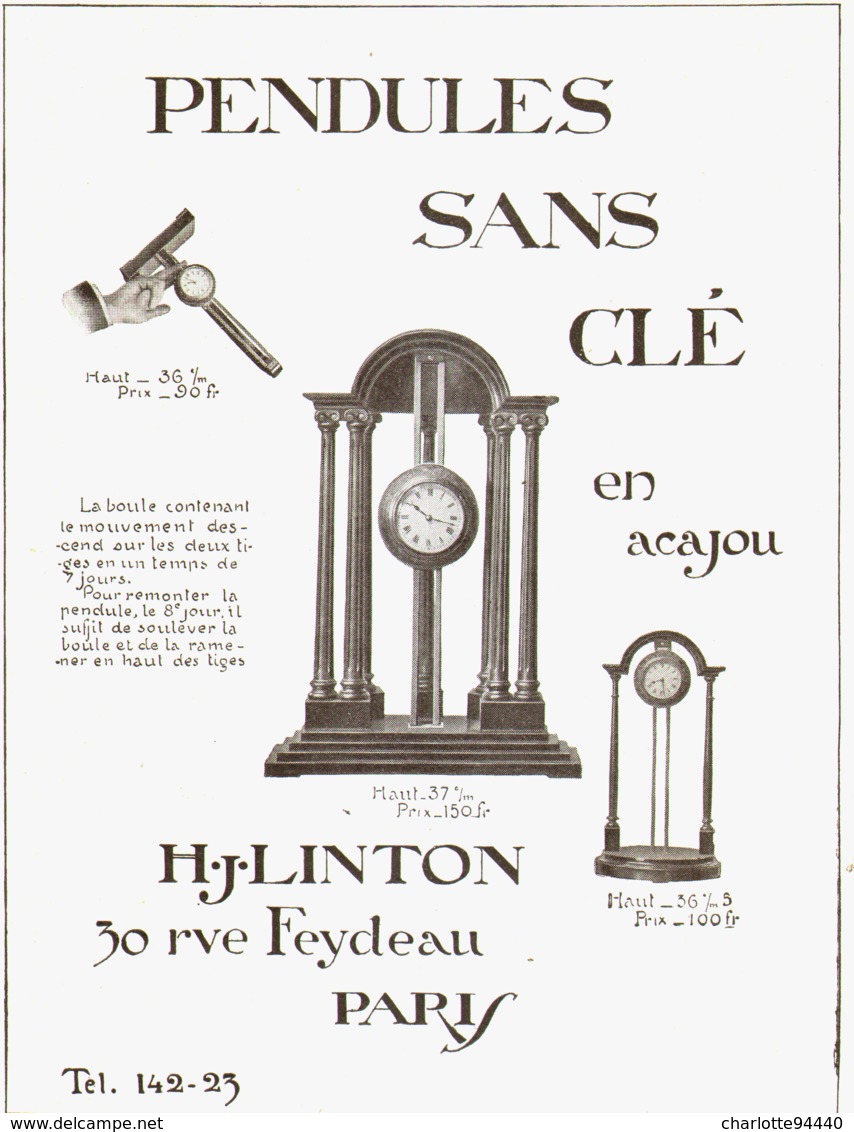 PUB PENDULES SANS CLé    " H. J  LINTON  "   1913  ( 1 ) - Wanduhren