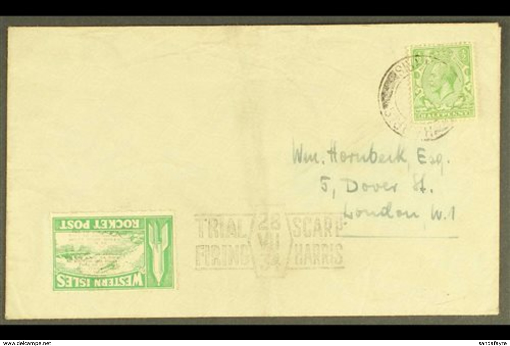 1934 ROCKET POST CRASH.  1934 (28 July) Env With ½d Stamp Tied "Harris / Isle Of Harris" Cds With Green "Western Isles / - Unclassified