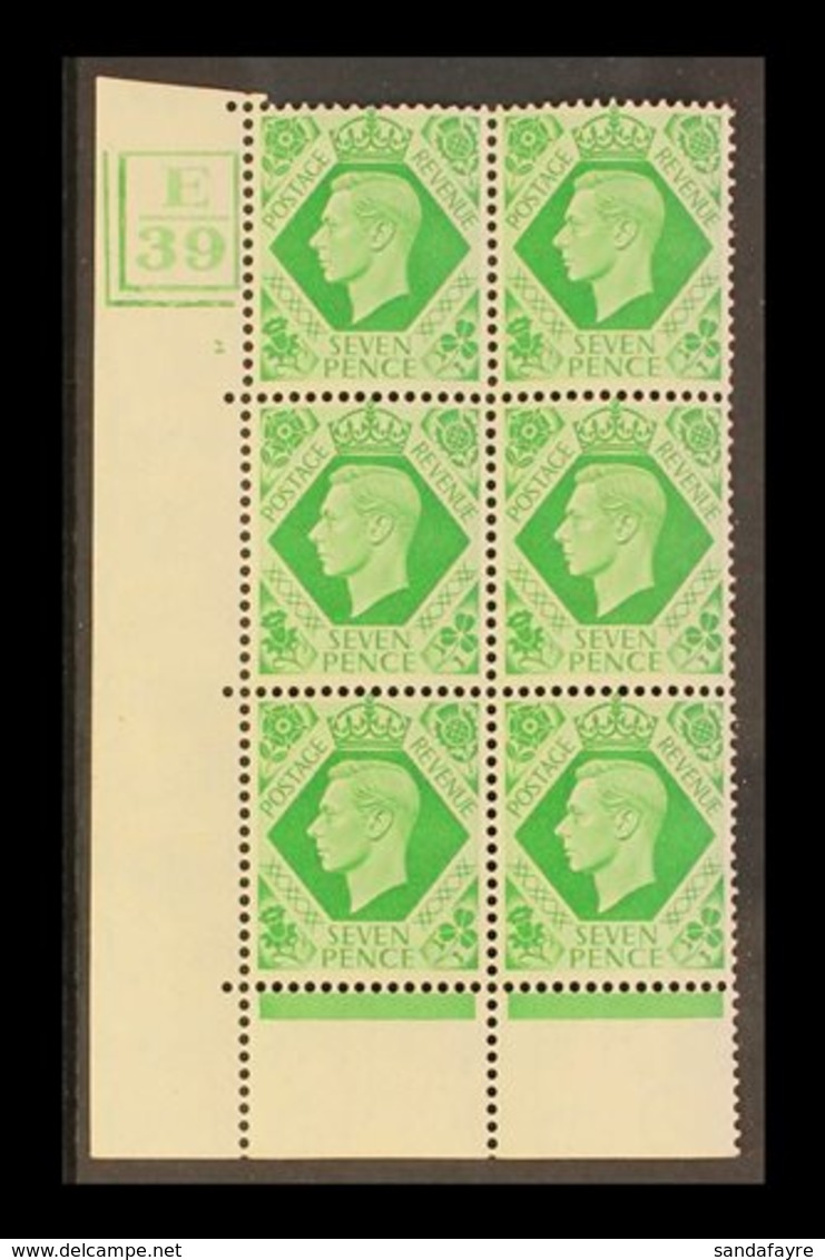 1939  7d Emerald Corner Block 6 With Cylinder 2 (no Dot) And Control E/39 Within 6 Frame Lines, Never Hinged Mint. For M - Unclassified