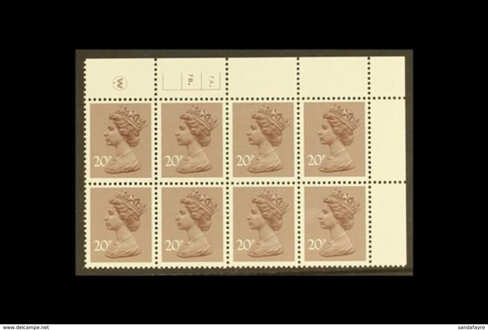 1981 MACHIN PLATE NUMBER BLOCK  20p Dull Purple, SG X999, Perf 14 (Litho) Waddington, Phosphorised (FCP), Plate 7A. 7B.  - Other & Unclassified