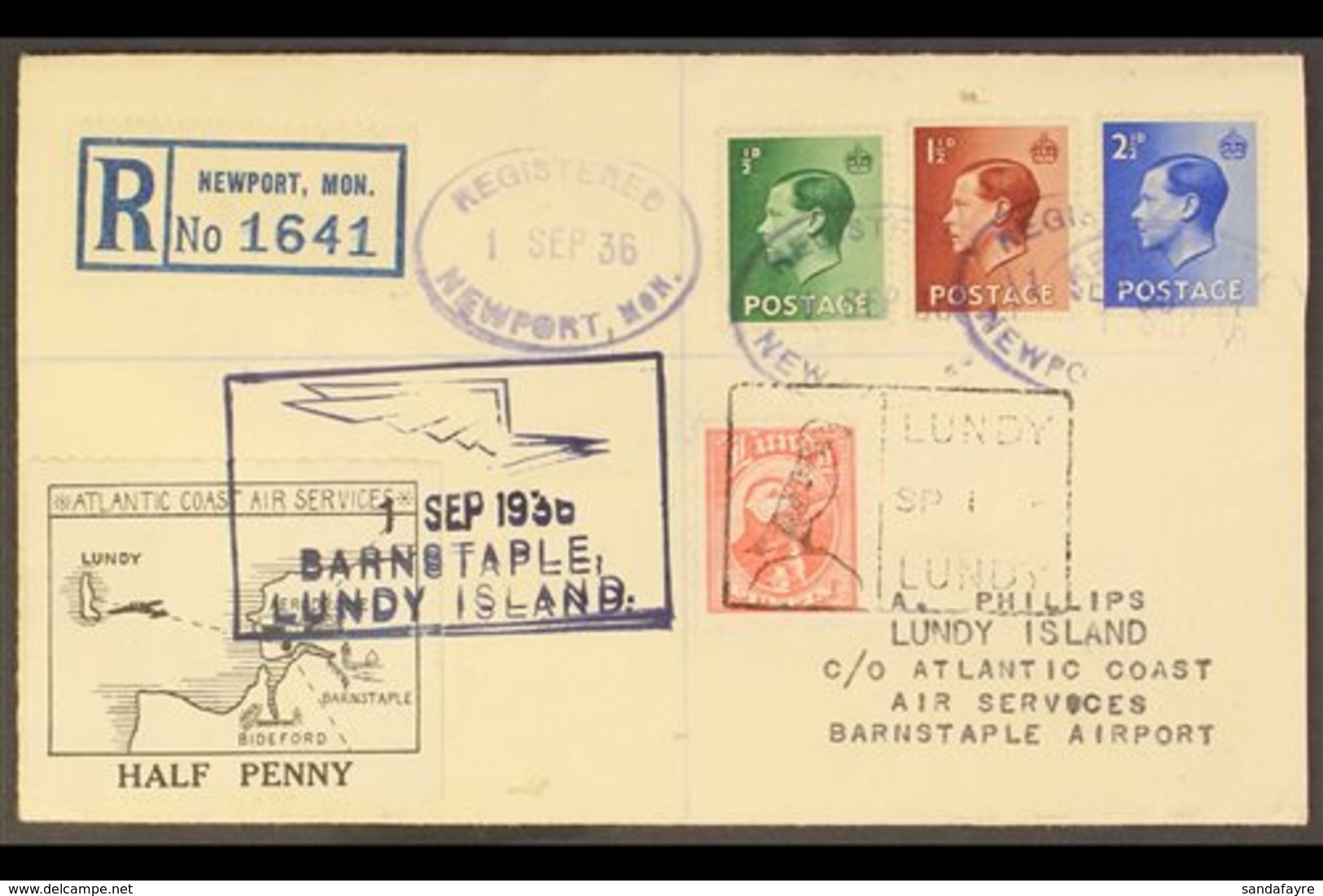 LUNDY ISLAND  1936 (1st September) Registered Cover Bearing  Lundy ½ Puffin (Lundy Rectangular Cancel), Atlantic Coast A - Other & Unclassified