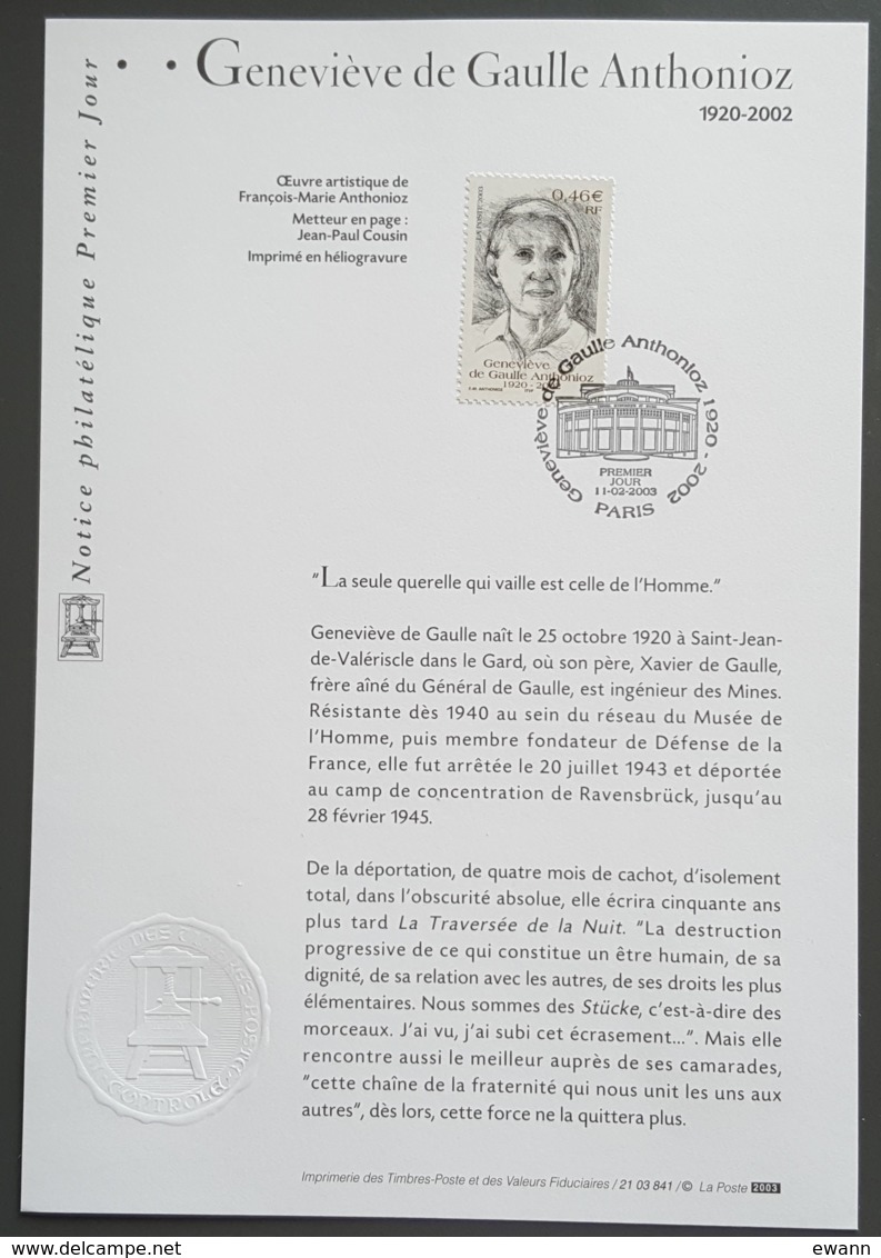 FDC Sur Document - YT N°3544 - Geneviève De Gaulle Anthonioz - 2003 - 2000-2009