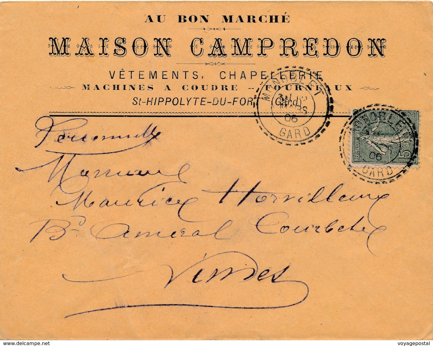 Lettre Maison Campredon, 15C Semeuse Perlé MONOBLET Gard - 1877-1920: Semi-Moderne