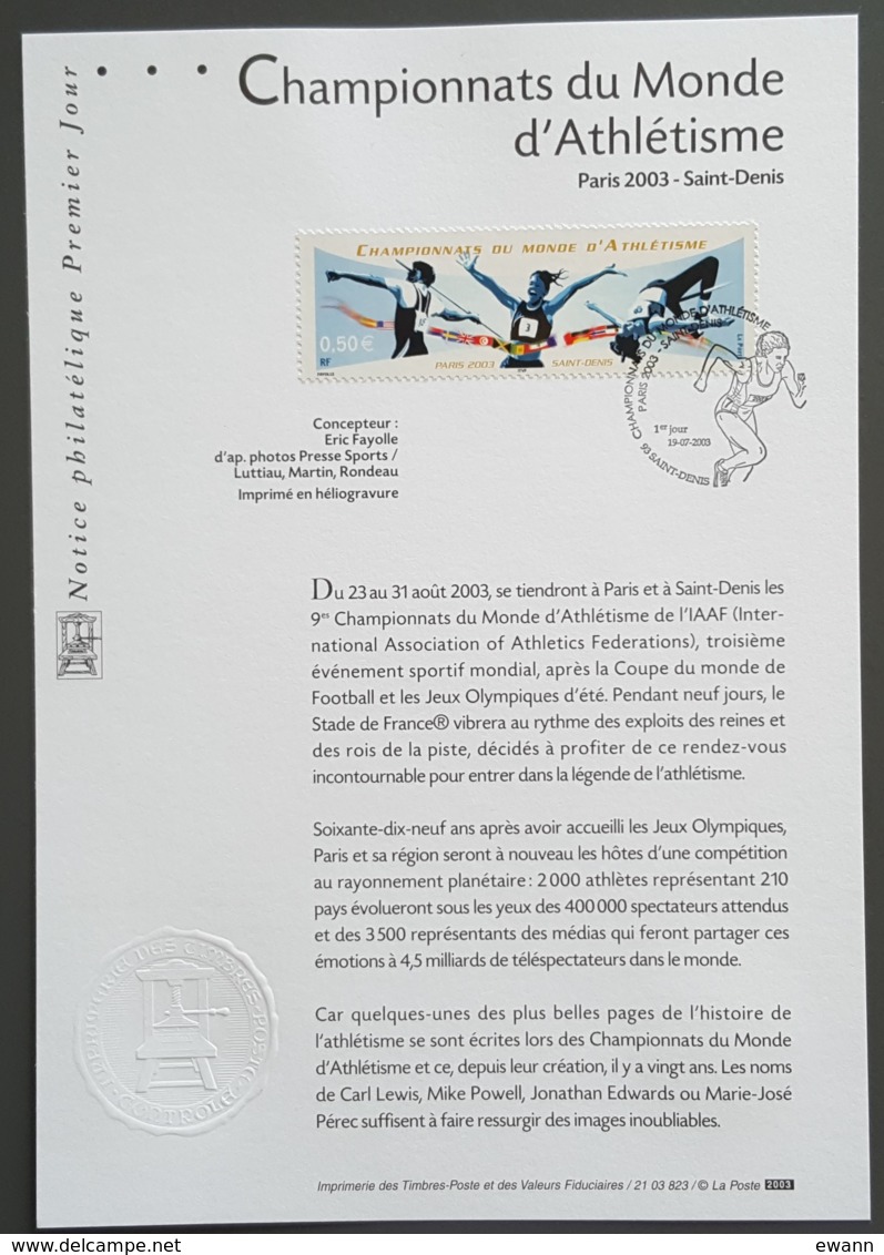 FDC Sur Document - YT N°3587 - Championnats Du Monde D'Athlétisme - 2003 - 2000-2009