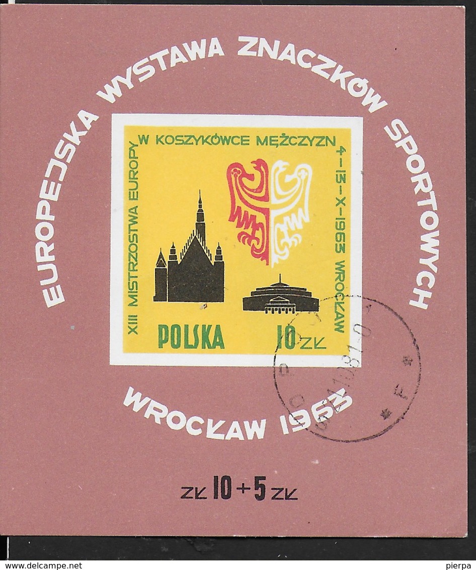 POLONIA - 13° CAMPIONATO EUROPEO BASKET 1963 - FOGLIETTO USATO (YVERT BF 37 - MICHEL BL 30) - Pallacanestro