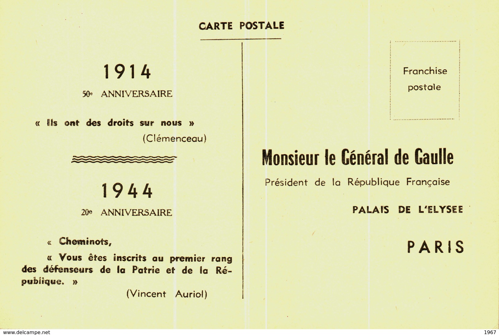 Carte Postale En Franchise Postale Adressée Au Général De Gaulle En 1964 - Autres & Non Classés