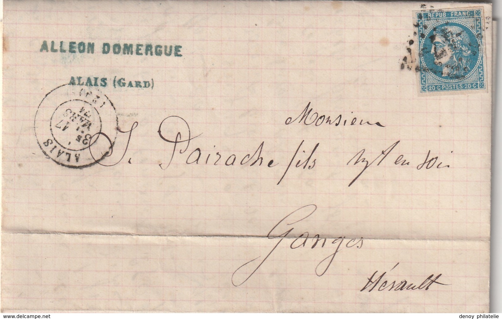 France Bordeaux N° 46B Sur Lettre D'Alais Oblitéré Du 17 Mars 1871 - 1849-1876: Période Classique