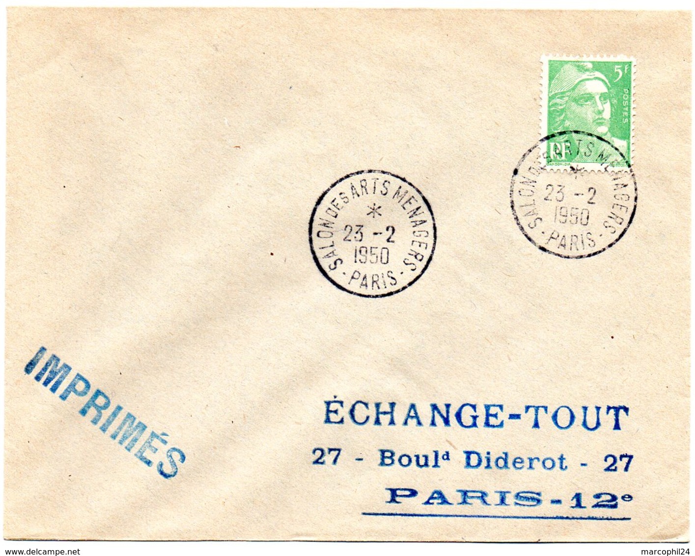 PARIS 1950 = CACHET PETIT FORMAT TEMPORAIRE  = SALON Des ARTS MENAGERS Sur ENVELOPPE Entière - Gedenkstempel