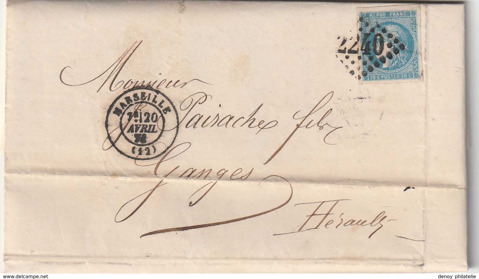 France Bordeaux N° 46B Sur Lettre De Marseille 20 Avril 1871 Belle Frappe - 1849-1876: Période Classique