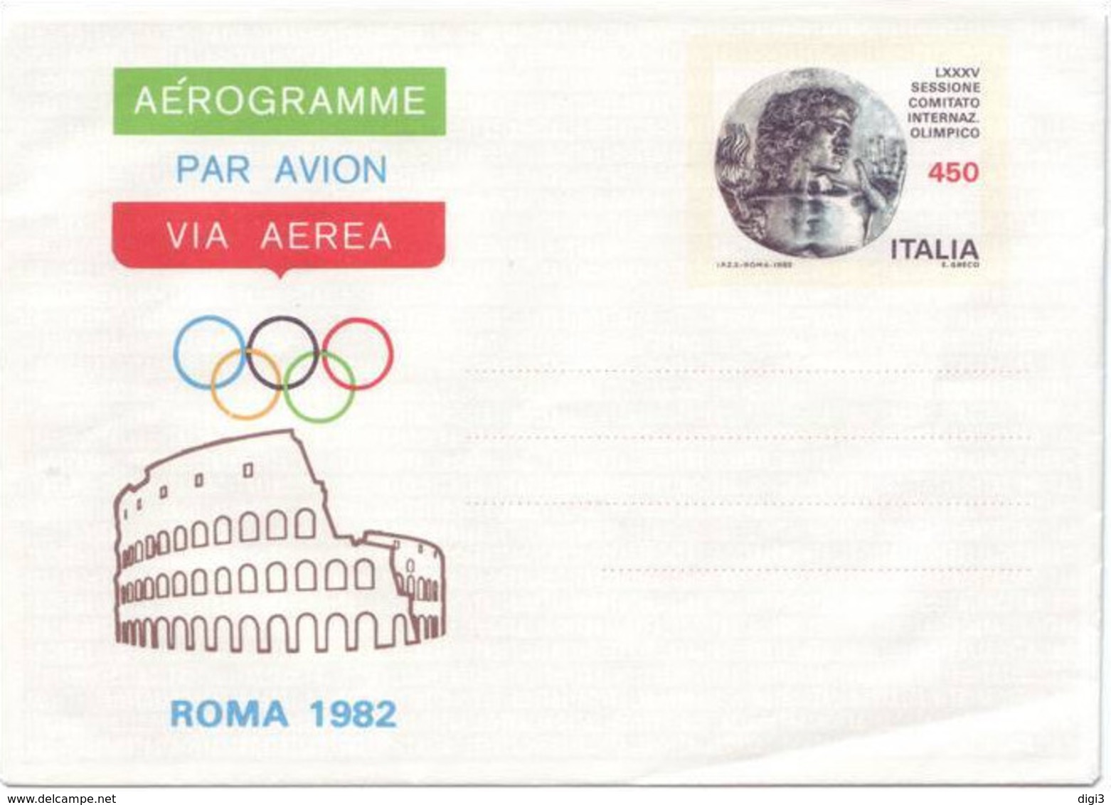 Italia, 1982, Aerogramma, Comitato Internazionale Olimpico, L. 450, Nuovo - Ganzsachen