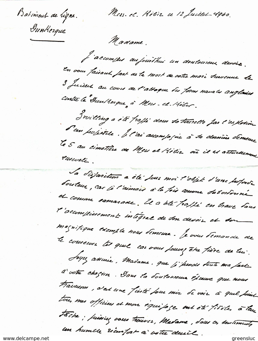 LETTRE CDT DU DUNKERQUE ANNONCANT DÉCÈS MARIN  MERS EL KEBIR  3 Juillet 1940 - Documents