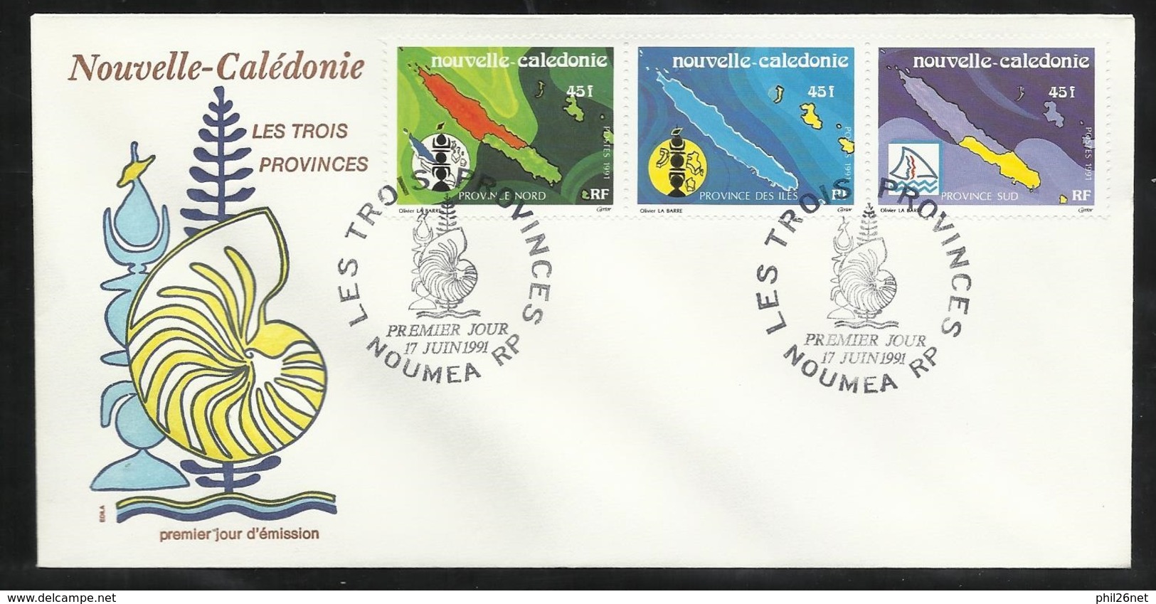 FDC Lettre Premier Jour Nouméa Le 17/06/1991 Les N° 611 à 613 Bande 613 A  Les 3 Provinces Cartes Et Emblèmes     TB - Briefe U. Dokumente