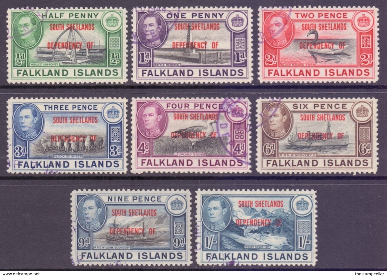 Falkland Islands Scott 5L1/5L8 - SG D1/D8, 1944 South Shetlands Overprint Set Used - Falkland