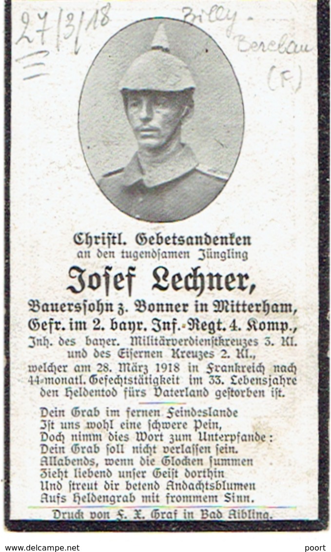 Josef LECHNER - Gefr. Im 2. Bayr. Inf. Regt. 4. Komp. +1918 - Begraven BILLY-BERCLAU Bl.7 - Gr.154 - 1914-18