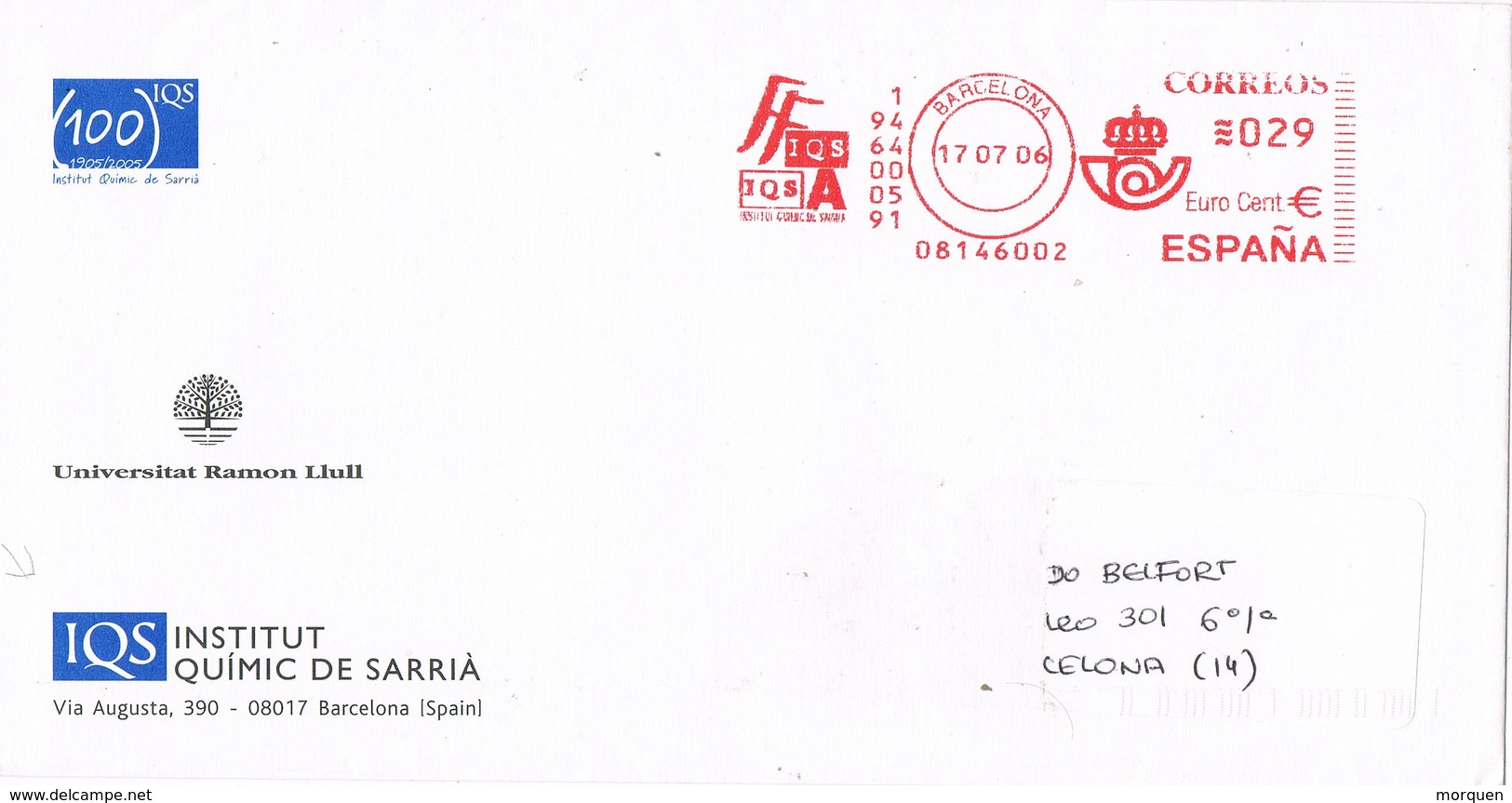 32518. Carta BARCELONA 2006. Franqueo Mecanico  IQS, Institut Quimic Sarria - Storia Postale