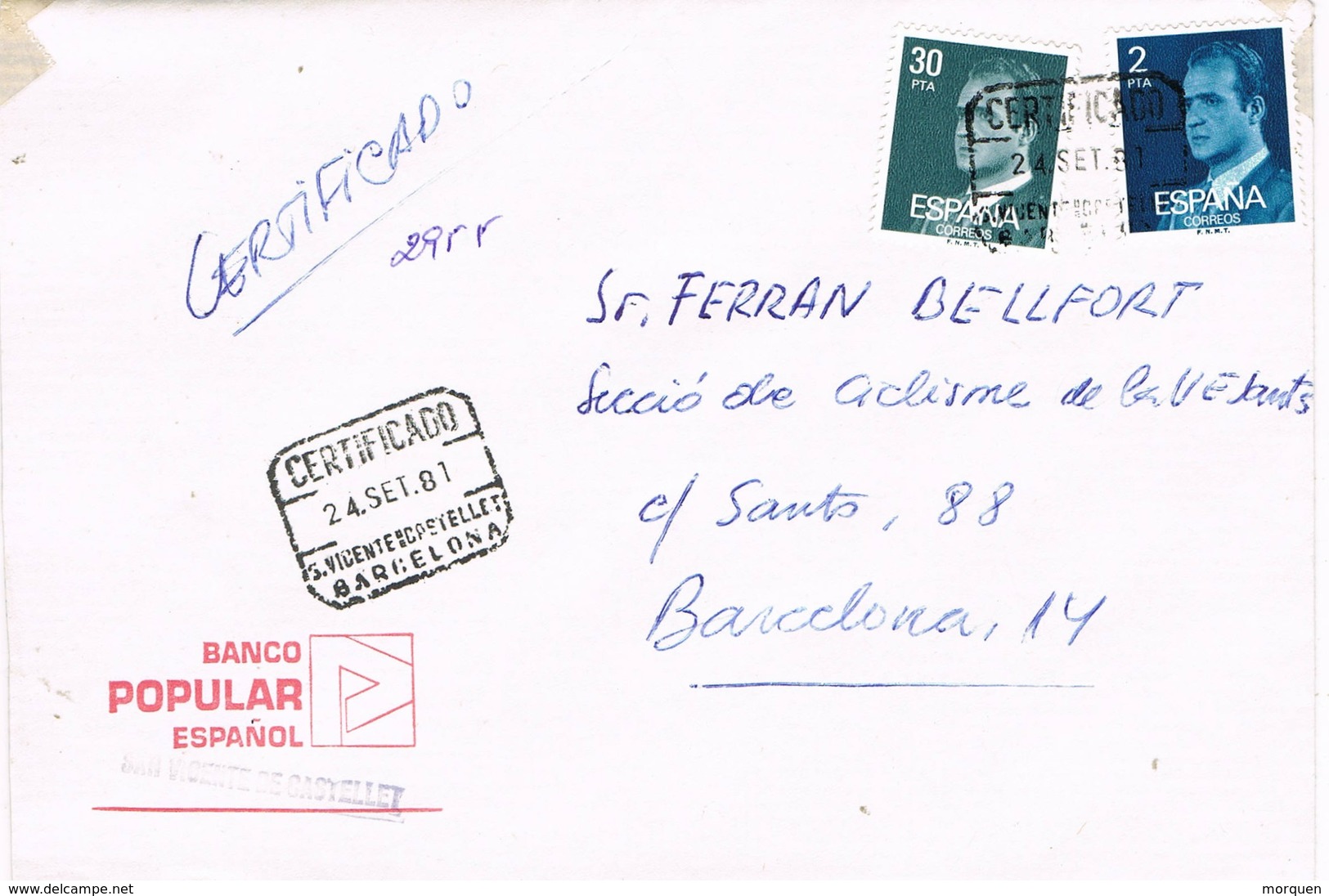 32519. Carta Certificada SAN VICENT De CASTELLET (Barcelona) 1981. Banco Popular - Cartas & Documentos