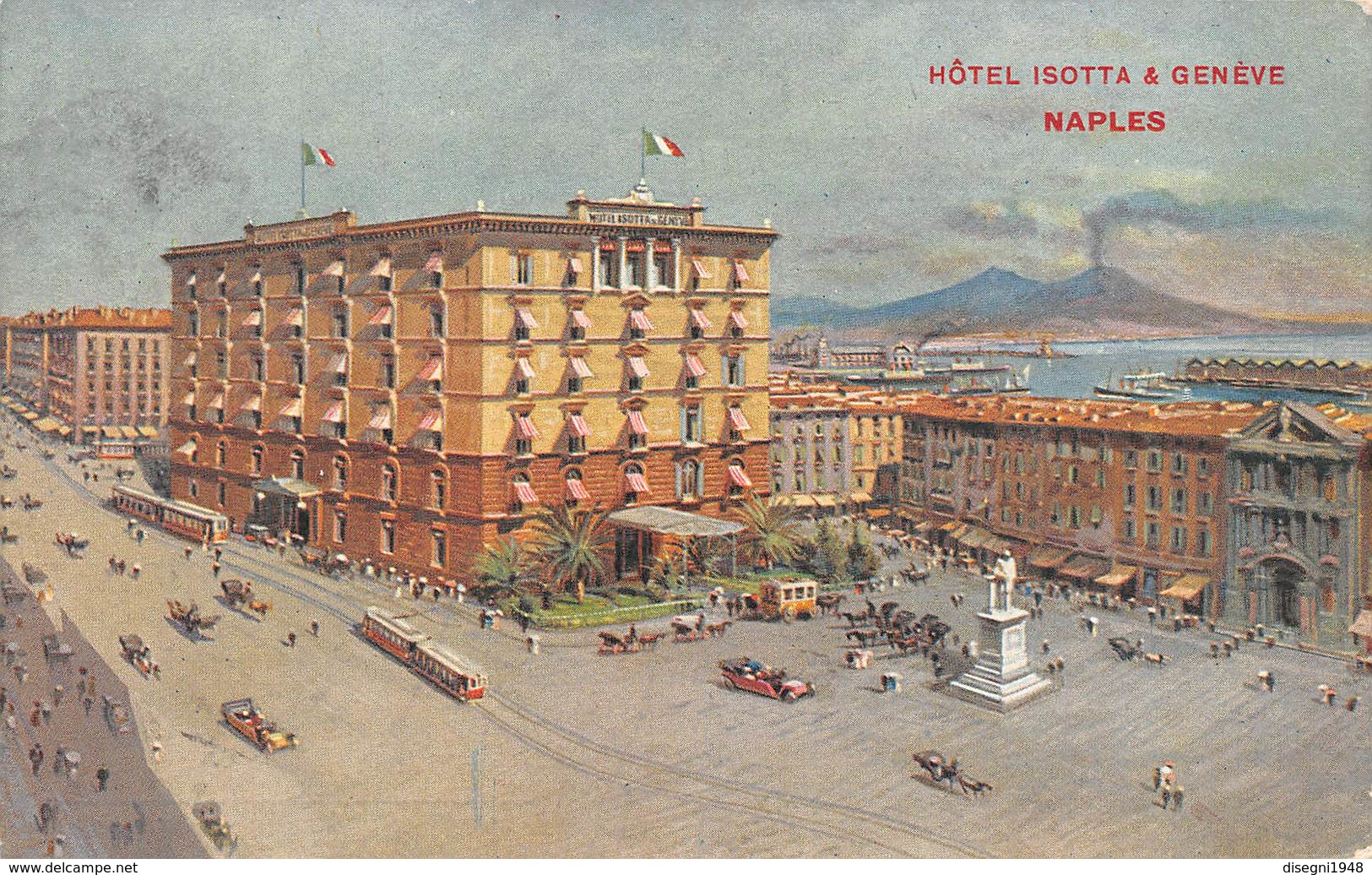 M08008 " NAPLES-HOTEL ISOTTA & GENEVE "ANIMATA-TRAMWAY-CARROZZE,AUTO CARTOLINA ILLUSTRATA POSTALE ORIGINALE SPEDITA 1914 - Napoli (Naples)