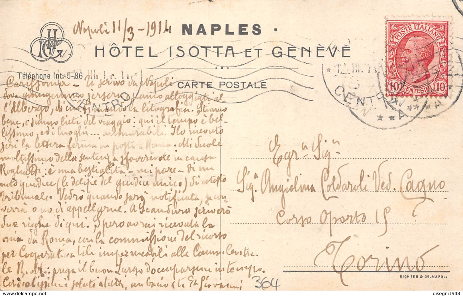 M08008 " NAPLES-HOTEL ISOTTA & GENEVE "ANIMATA-TRAMWAY-CARROZZE,AUTO CARTOLINA ILLUSTRATA POSTALE ORIGINALE SPEDITA 1914 - Napoli (Naples)