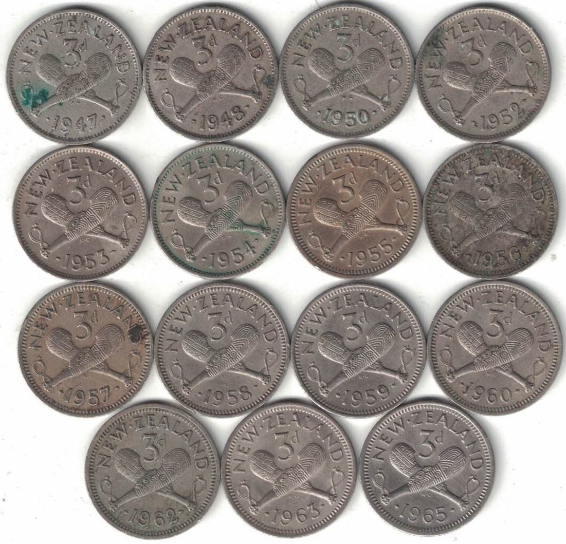 New Zealand Collection Of 15x 3 Pence Coins 1947-1965 All Listed & Different - New Zealand