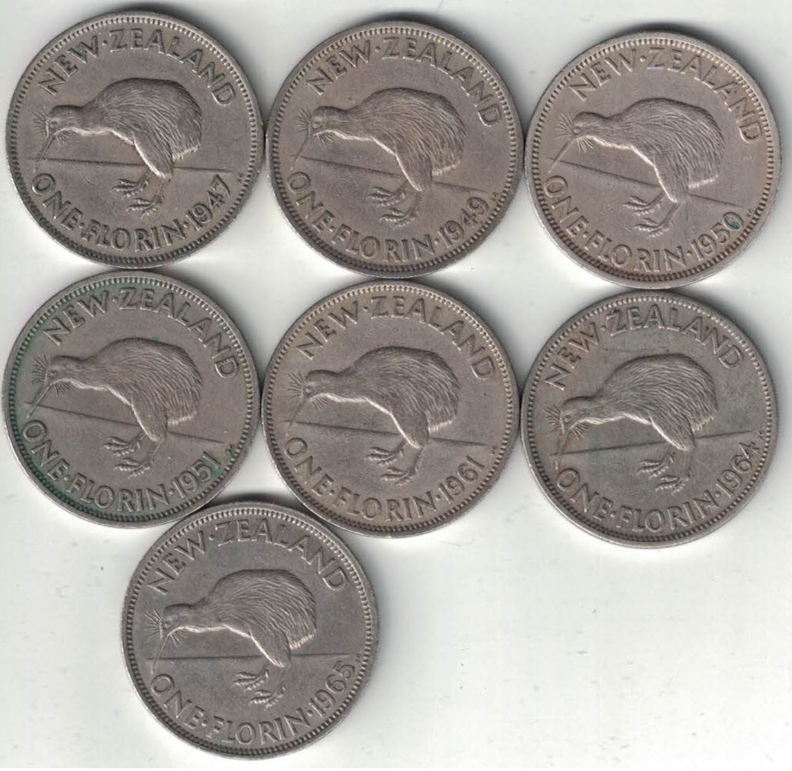 New Zealand Collection Of 7 Florin Coins 1947-1965 All Listed & Different - New Zealand