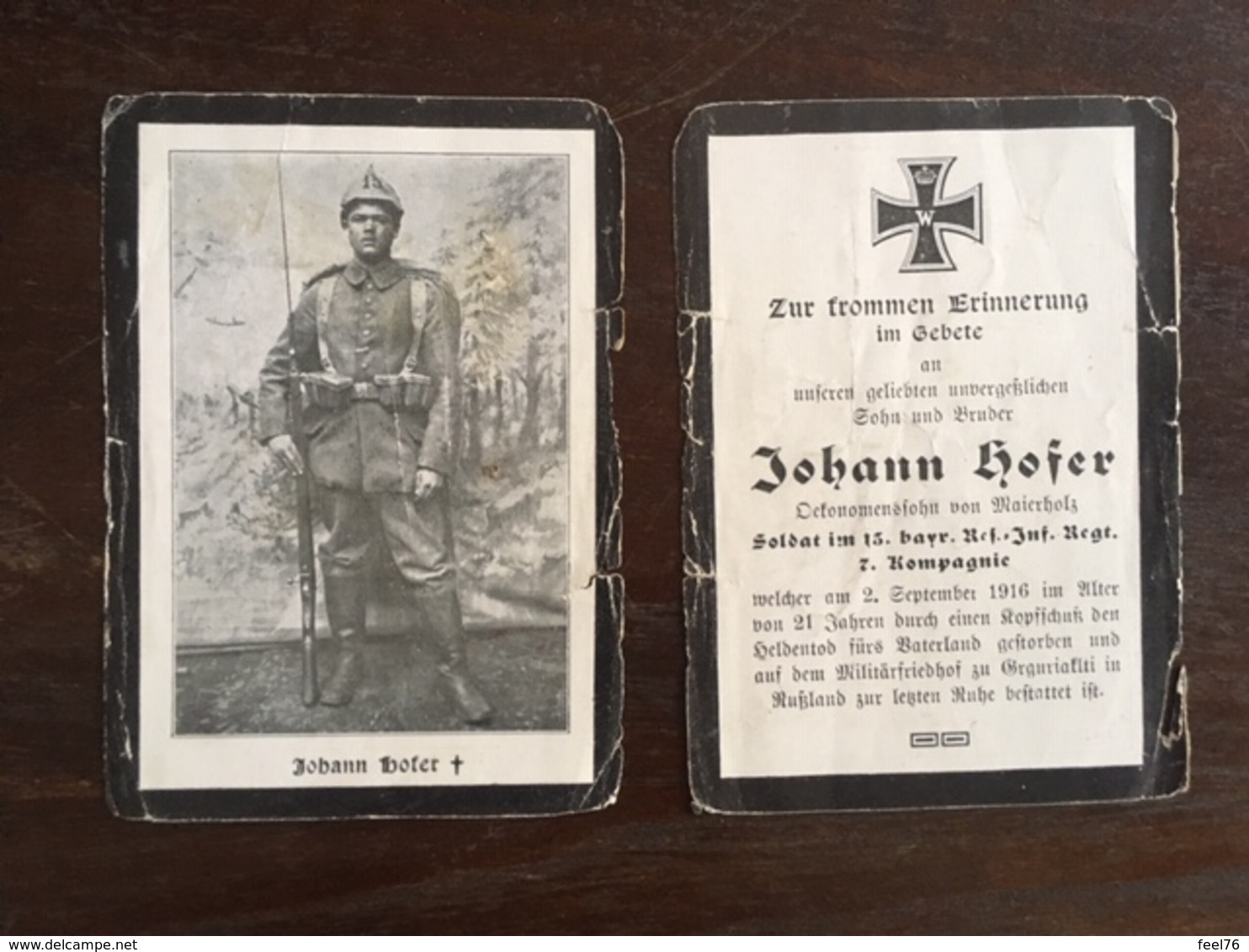 Sterbebild Wk1 Ww1 Bidprentje Avis Décès Deathcard IR2 September 1916 RUSSLAND HRGURIAKINI Aus Maierholz - 1914-18