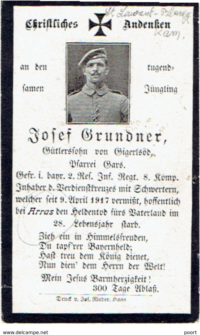 Josef GRUNDNER - Gefr. I. Bayr. 2.Res. Inf. Regt. 8.Komp. +bei ARRAS 1917 - Begraven ST. LAURENT-BLANGY Kameradengr. - 1914-18