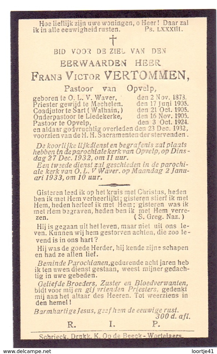 Devotie Doodsprentje Overlijden - Pastoor Frans Vertommen - OLVr Waver 1873 - Sart - Liedekerke - Opvelt 1932 - Décès