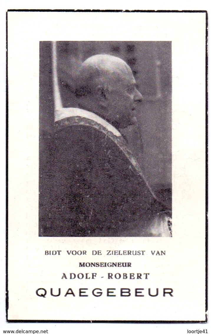 Devotie Doodsprentje - Mgr. Pastoor Deken Adolf Quaegebeur - Nieuwpoort 1887 - De Panne - Roeselare - Brugge 1957 - Overlijden
