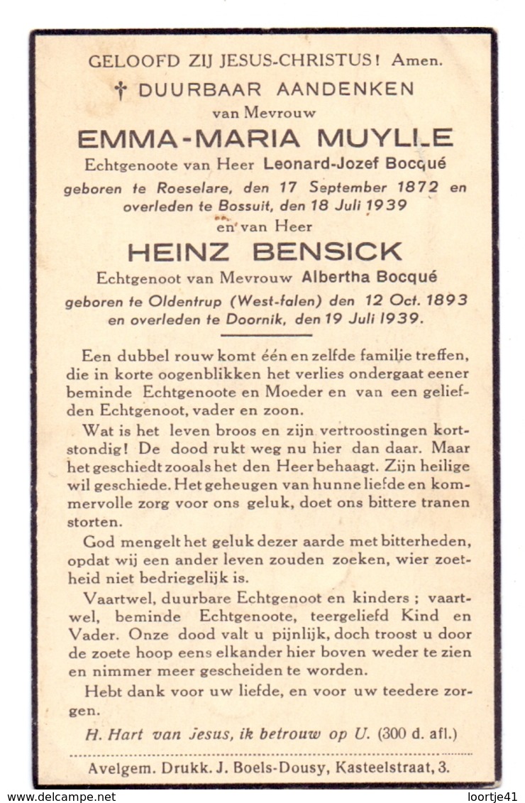 Devotie Doodsprentje Overlijden - Emma Maria Muylle & Heinz Bensick - Roeselare - Bossuit & Oldentrup - Doornik 1939 - Avvisi Di Necrologio