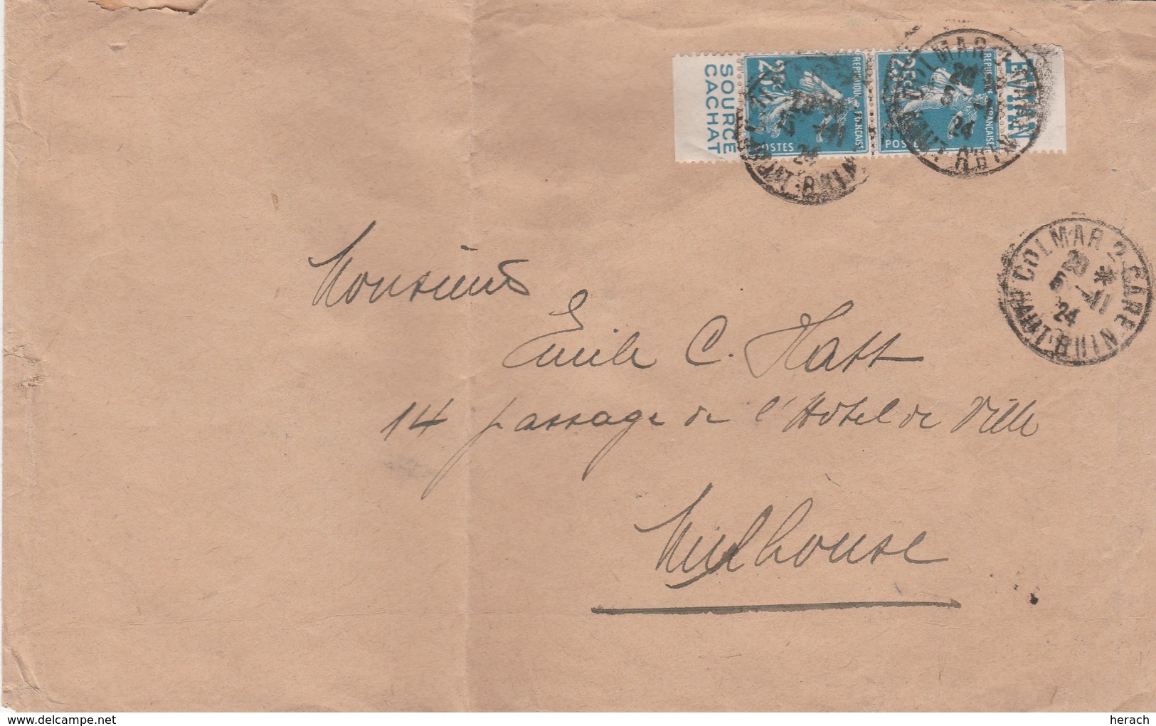 France Alsace Lettre Colmar 2 Gare Timbres Pub 1924 - Lettres & Documents