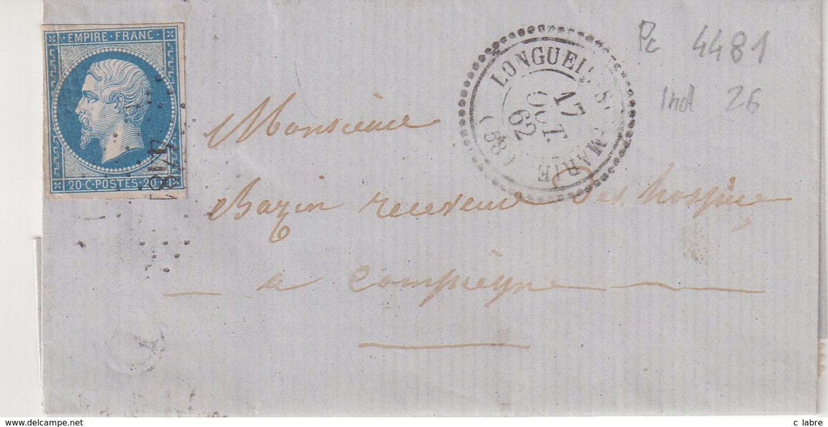 FRANCE :N° 14 . PC 4481 . " LONGUEIL-SAINTE MARIE " . (58 ) . DATÉE DE " CHEVRIERES " . 1862 . - 1849-1876: Période Classique