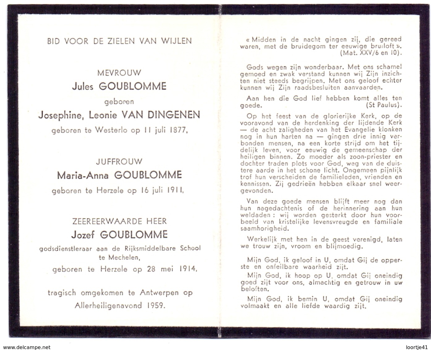 Devotie Doodsprentje - Josephine Van Dingenen - Maria Anna & Jozef  Goublomme - Mechelen - Ongeval Antwerpen 1959 - Décès