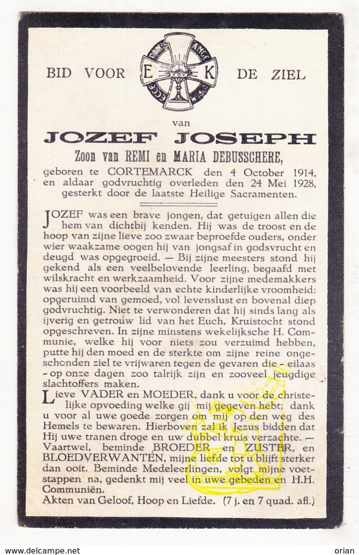 DP Jozef Joseph / DeBusschere 13j. ° Kortemark 1914 † 1928 - Images Religieuses