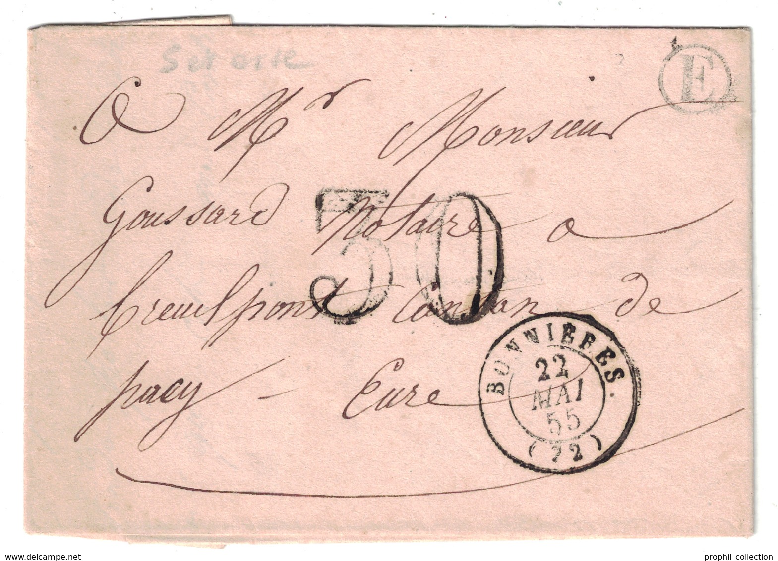 1855 - BOITE RURALE E De ROLLEBOISE Sur LETTRE LAC NON AFFRANCHIE CAD BONNIERESTAXE 30 DT Pr PACY EURE - 1849-1876: Période Classique