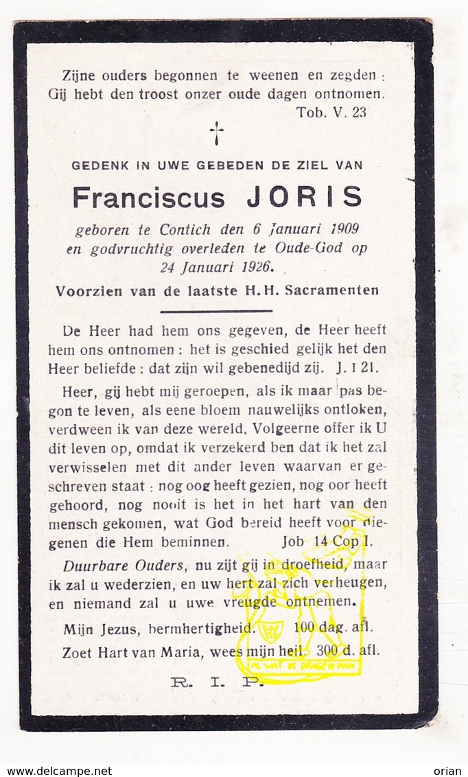DP Franciscus Joris 17j. ° Kontich 1909 † Oude God Mortsel 1926 - Images Religieuses