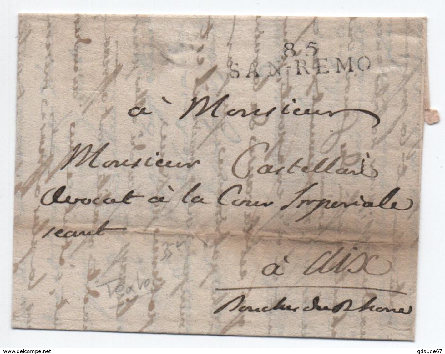 MP 85 SAN REMO (DEPARTEMENT CONQUIS) Sur LETTRE Avec TEXTE INTÉRESSANT ("EXILE (..) TRANSLATION DU TRIBUNAL DE MONACO") - 1792-1815 : Departamentos Conquistados