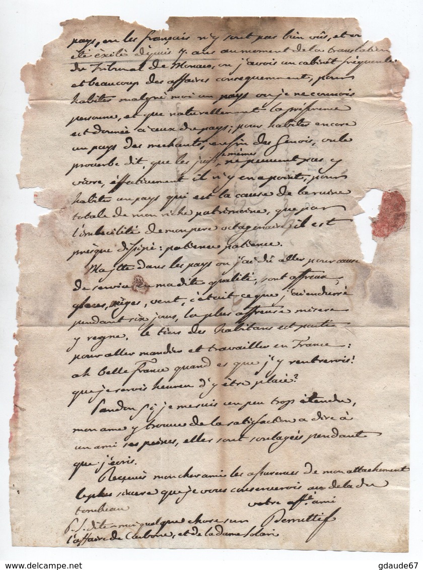 MP 85 SAN REMO (DEPARTEMENT CONQUIS) Sur LETTRE Avec TEXTE INTÉRESSANT ("EXILE (..) TRANSLATION DU TRIBUNAL DE MONACO") - 1792-1815: Départements Conquis