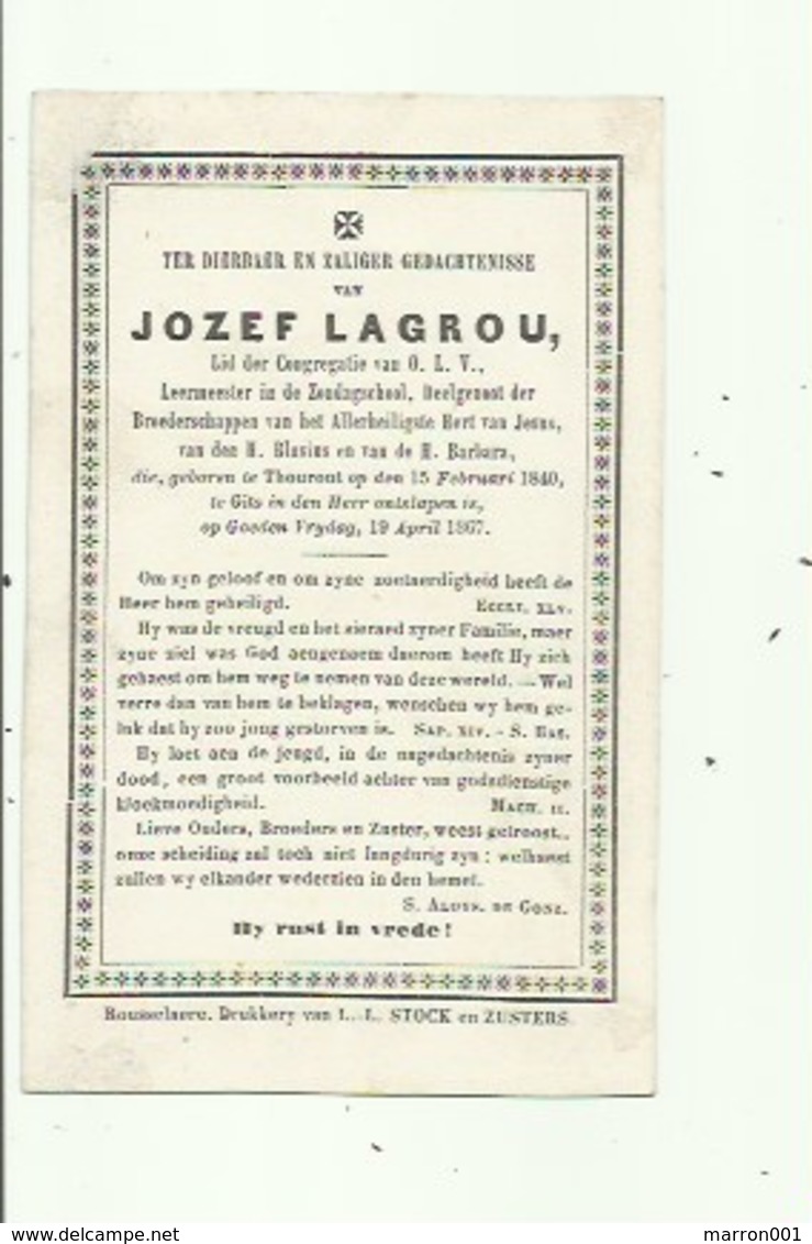 Torhout - Jozef Lagrou -  Geb,1840 En Gest, 1867 - Devotieprenten