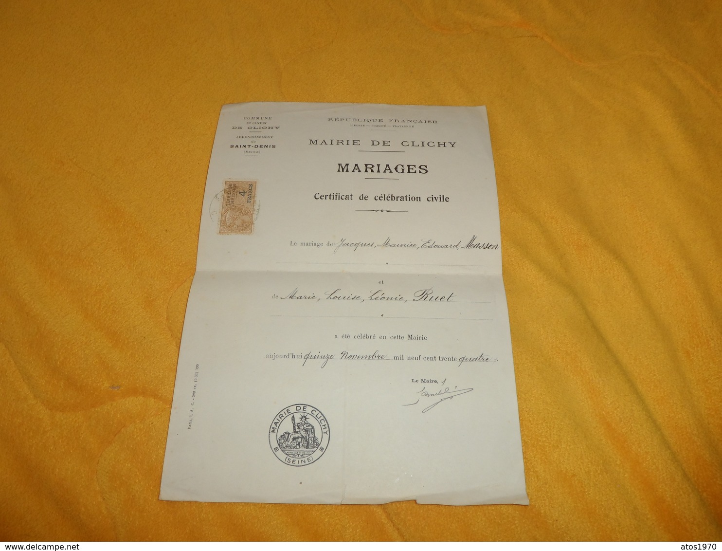 CERTIFICAT DE CELEBRATION CIVILE..MARIAGES..ANNEE 1934..MAIRIE DE CLICHY..CACHET + TIMBRE DE DIMENSION.. - Non Classés