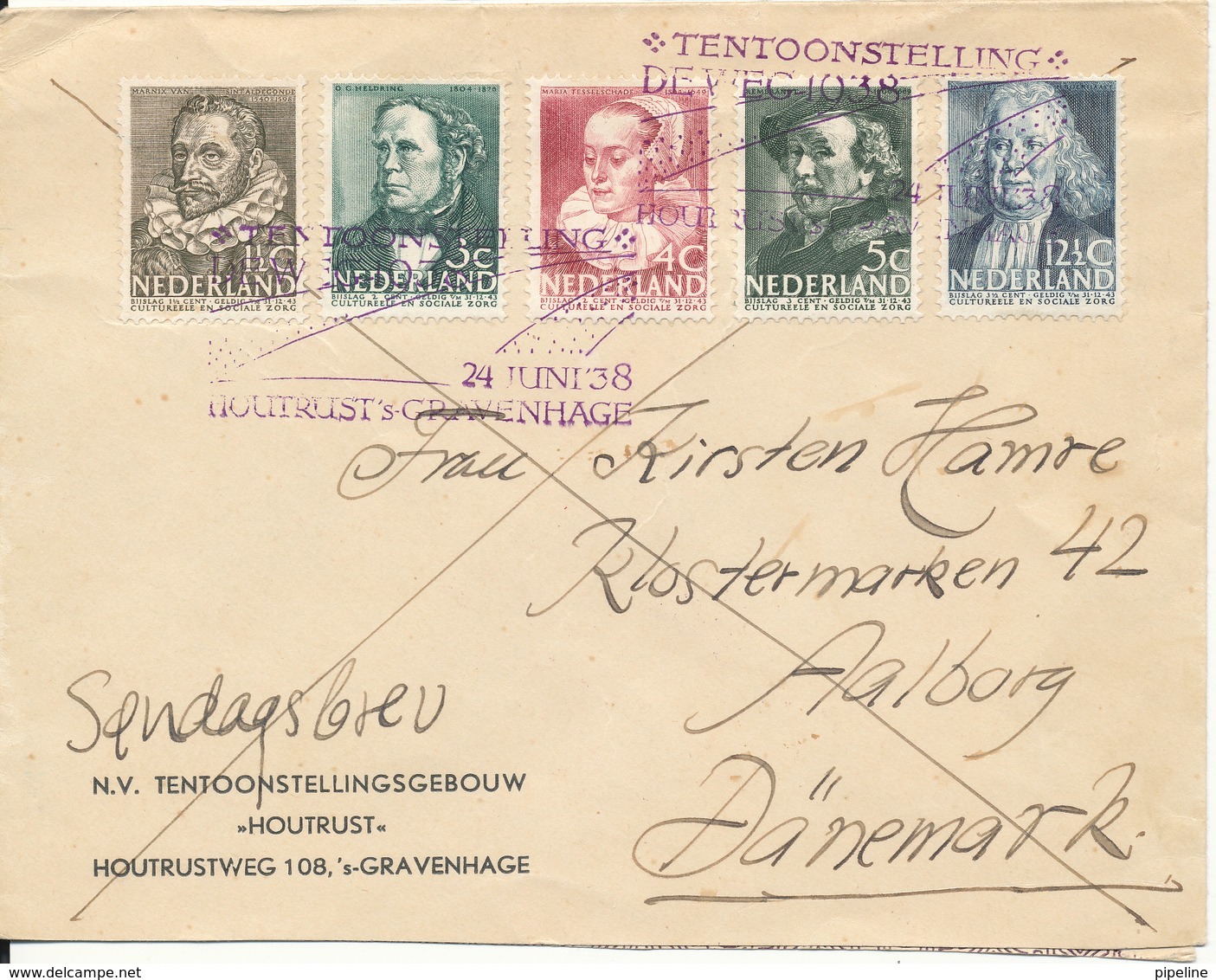 Netherlands Cover 24-6-1938 Complete Set Sent To Denmark And Delivered As Sundayletter - Briefe U. Dokumente