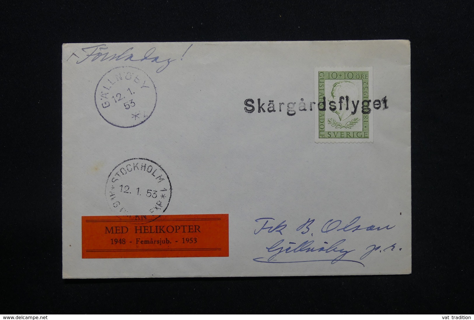SUÈDE - Enveloppe Transportée Par Hélicoptère En 1953, Oblitération Linéaire " Skärgardsflyget " - L 27991 - Storia Postale